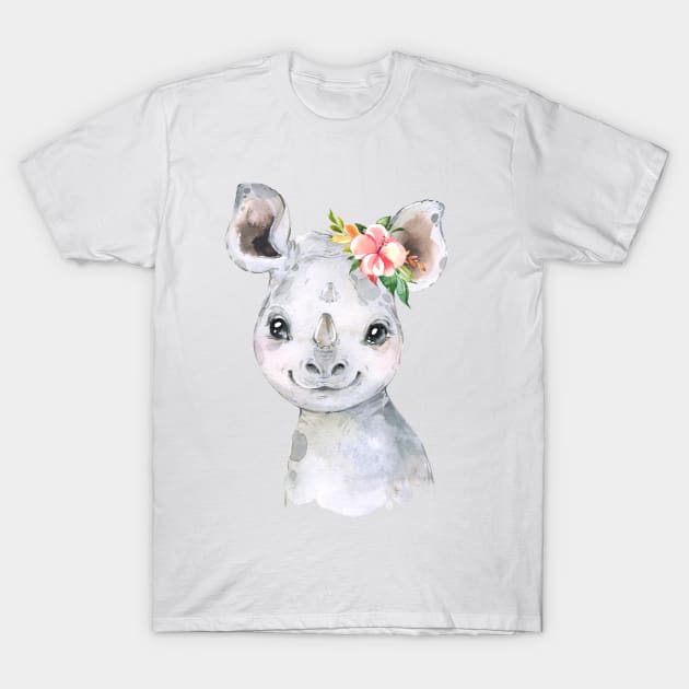 Cutest Rhino Design with flower T-Shirt by Krisb1371